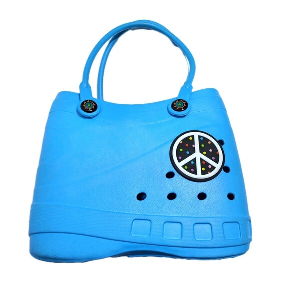 OPTARI SOL Blue Tote Croc Waterproof Beach Hand Bag With Handles Peace Sign - Picture 1 of 7